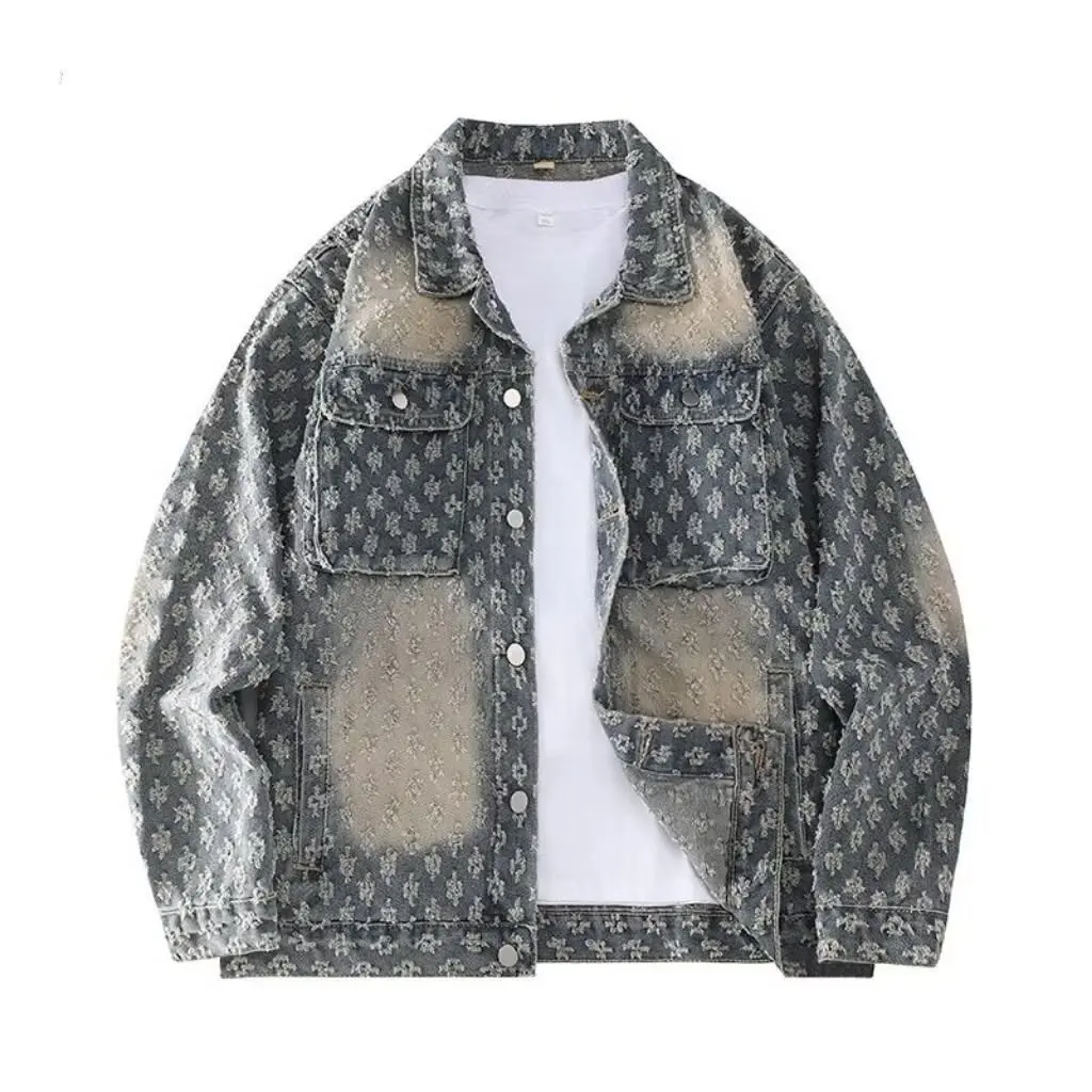 Men Vintage Washed Denim Jacket Floral Pattern Streetwear Hip Hop Loose Fit Jean Jacket Casual Retro Cowboy Coat Spring Autumn
