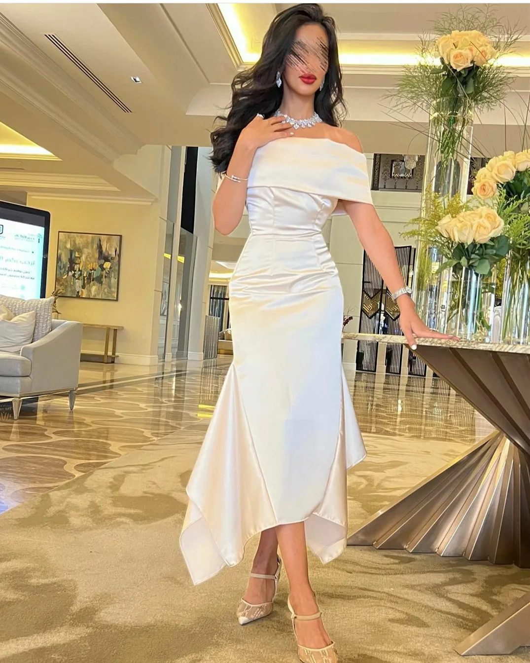 

BridalAffair Elegant Short Satin Prom Dresses With Ruffles Mermaid Off Shoulder Tea Length Robe De Mariée Party Gown