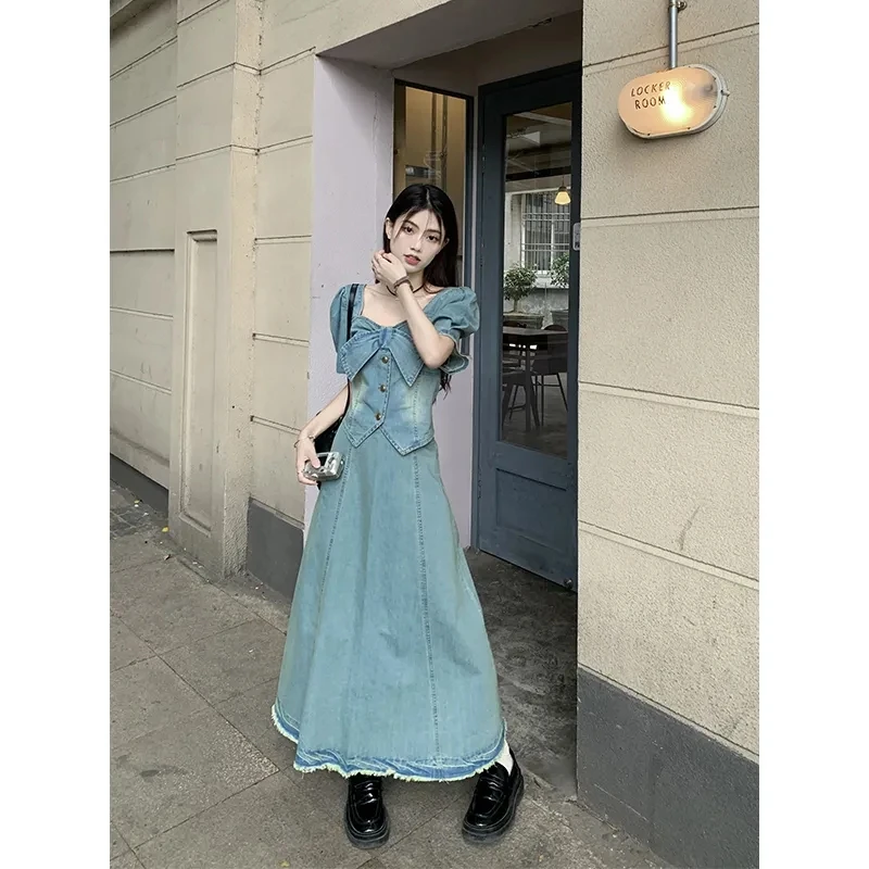 2024 Female French Temperament Small Fragrant Style Short Sleeved Denim Skirt Set Women Retro Style Summer Fashion Two Piece Set