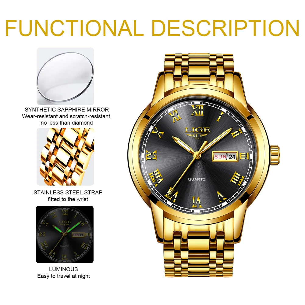 LIGE Men Watch Brand Waterproof Wristwatch Stainless Steel With Date Week Quartz Watches Mens Luxury Business Clock Reloj Hombre