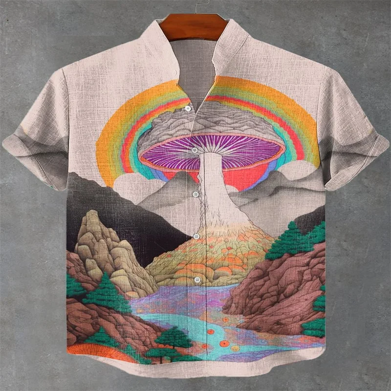 

Men's retro psychedelic mushroom landscape art printed short sleeved shirt, men's Hawaiian shirt, polyester fiber fabric
