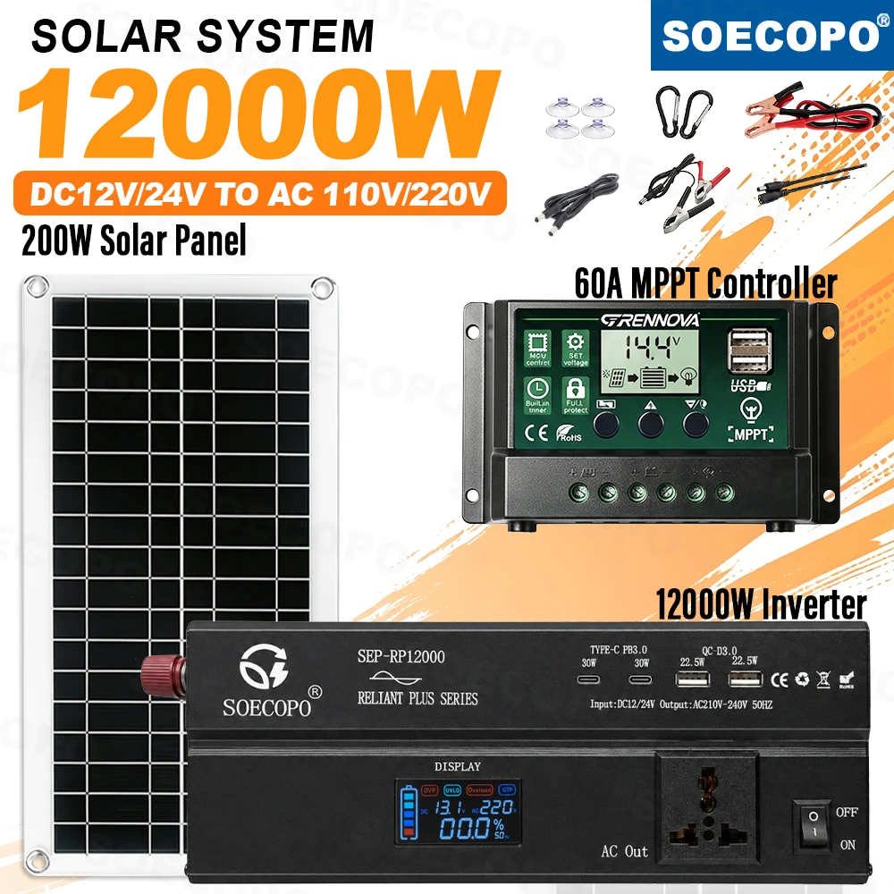 12000W Off Grid Solar Power System Kit with 200W Solar Panel + 60A MPPT Controller DC12V/24V to AC110V/220V For Fishing Home Car