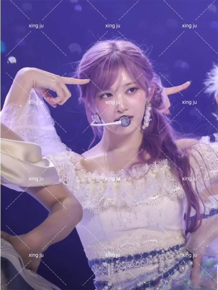 新しい韓国歌手 Kpop 女性 DJ コスプレ衣装ステージ服ダンス衣装レースシースルー長袖トップスふわふわショートスカート