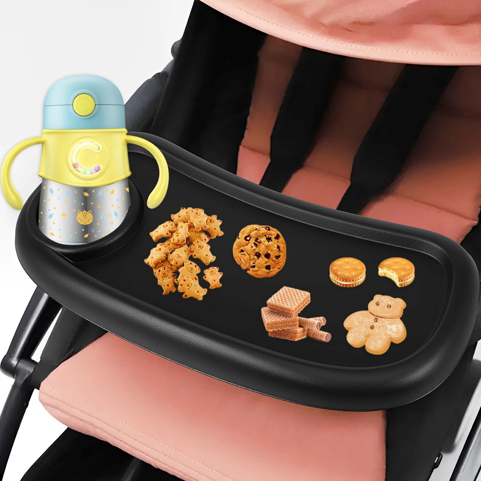 

New Stroller Cup Holder Dinner Table Tray Universal Stroller Snack Trays Removable Baby Stroller Snack Catcher and Drink Holders
