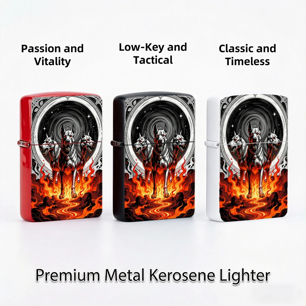 Flip Top Lighter Cerberus Three‑Headed Dog Hell Flame Myth Art Pattern lighters vintage lighters for smokers Collectible Gift