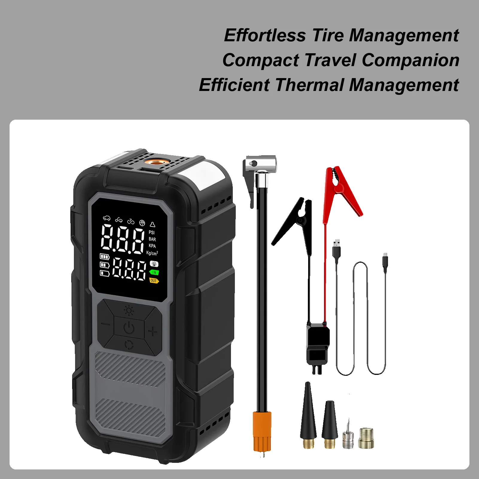 

Jump Starter With Air Compressor Cold Winter LED Light Power Bank Dead Car Battery Jump Starter For Inflating Tires Long Trips