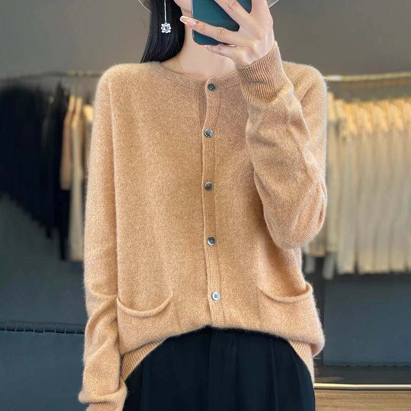 

Knitted Sweater Spring Autumn 2025 New Women's Wool Cardigan Slimming Versatile Jacket Round Neck Outer Sweater With Pocket