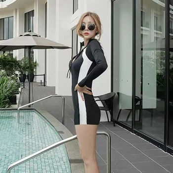 프린트 블로킹 수영복 여성용, 원피스 다이빙 서핑 세트, 반팔 지퍼 복서, 2024 경쟁 