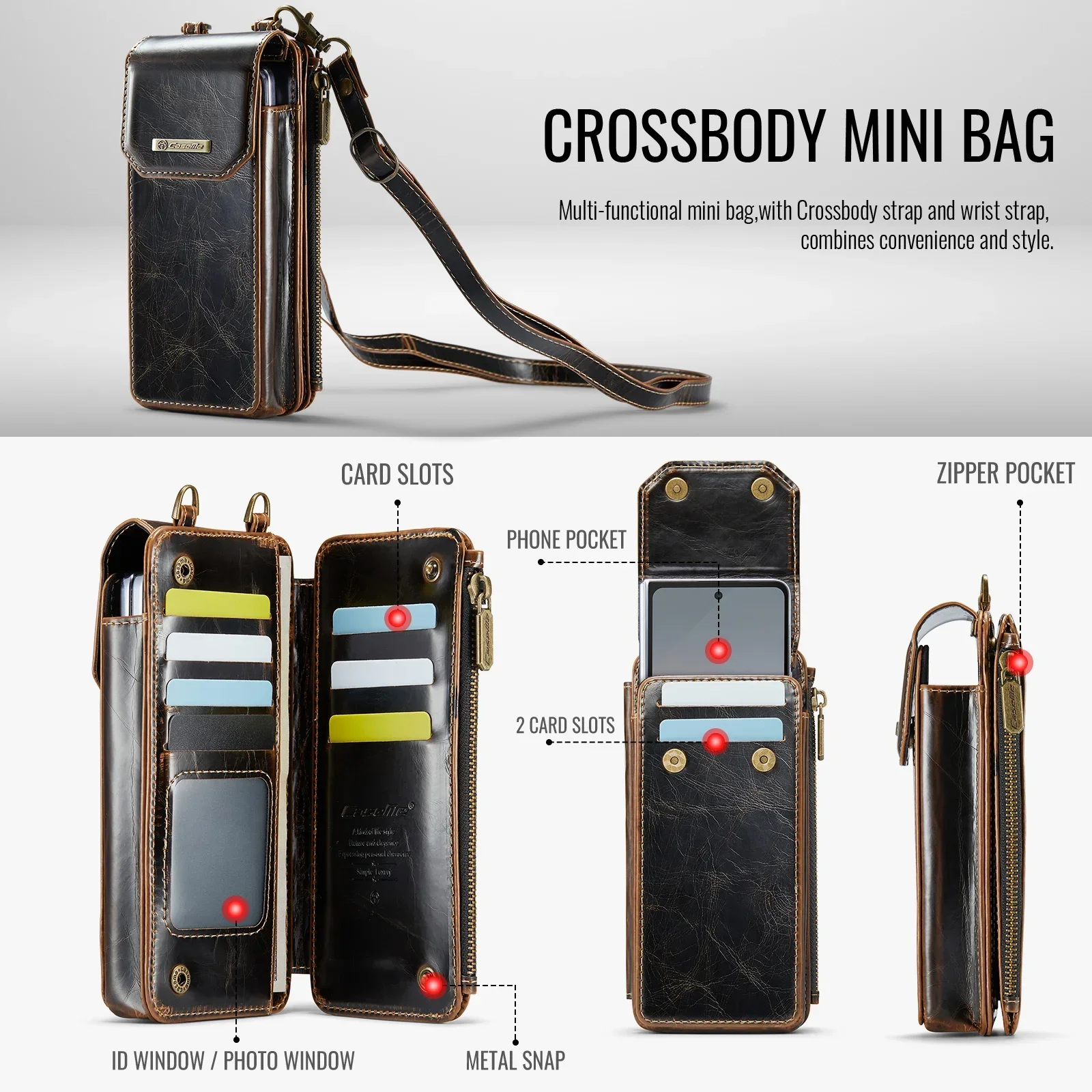 Universal Mobile Phone Bag For Samsung Galaxy Z Fold 6 Fold5 4 3 2 RFID Card Slot Zipper Wallet Long Strap Magnetic Leather Case