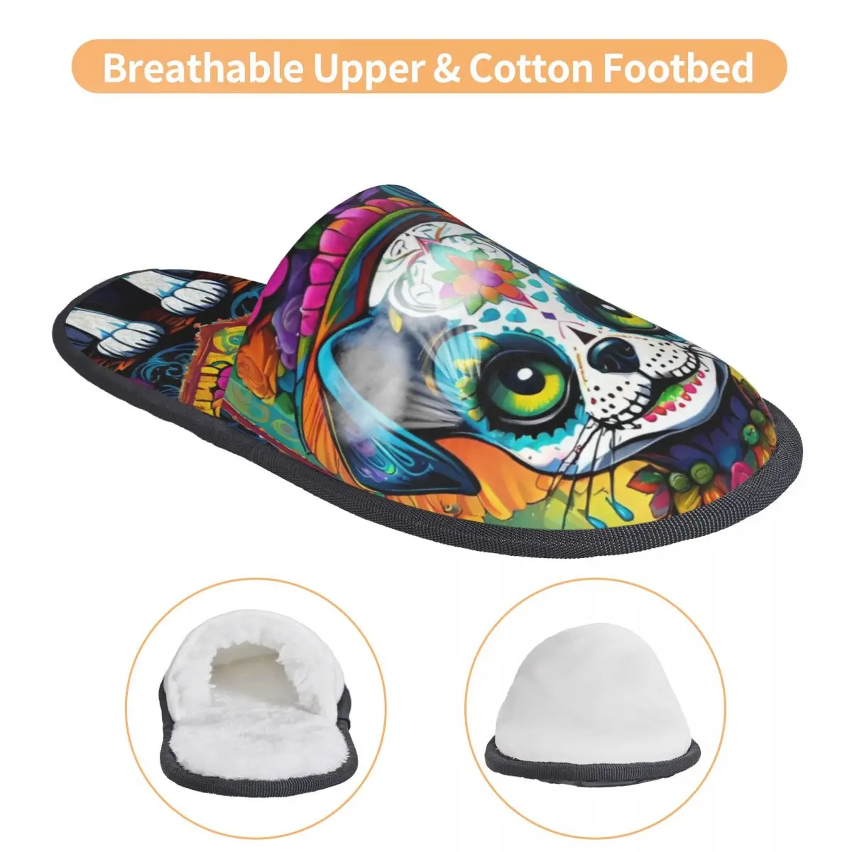 Custom Women Mexican Floral Skull Dog House Slippers Cozy Warm Day Of The Dead Memory Foam Fluffy Slipper Indoor Outdoor Shoes