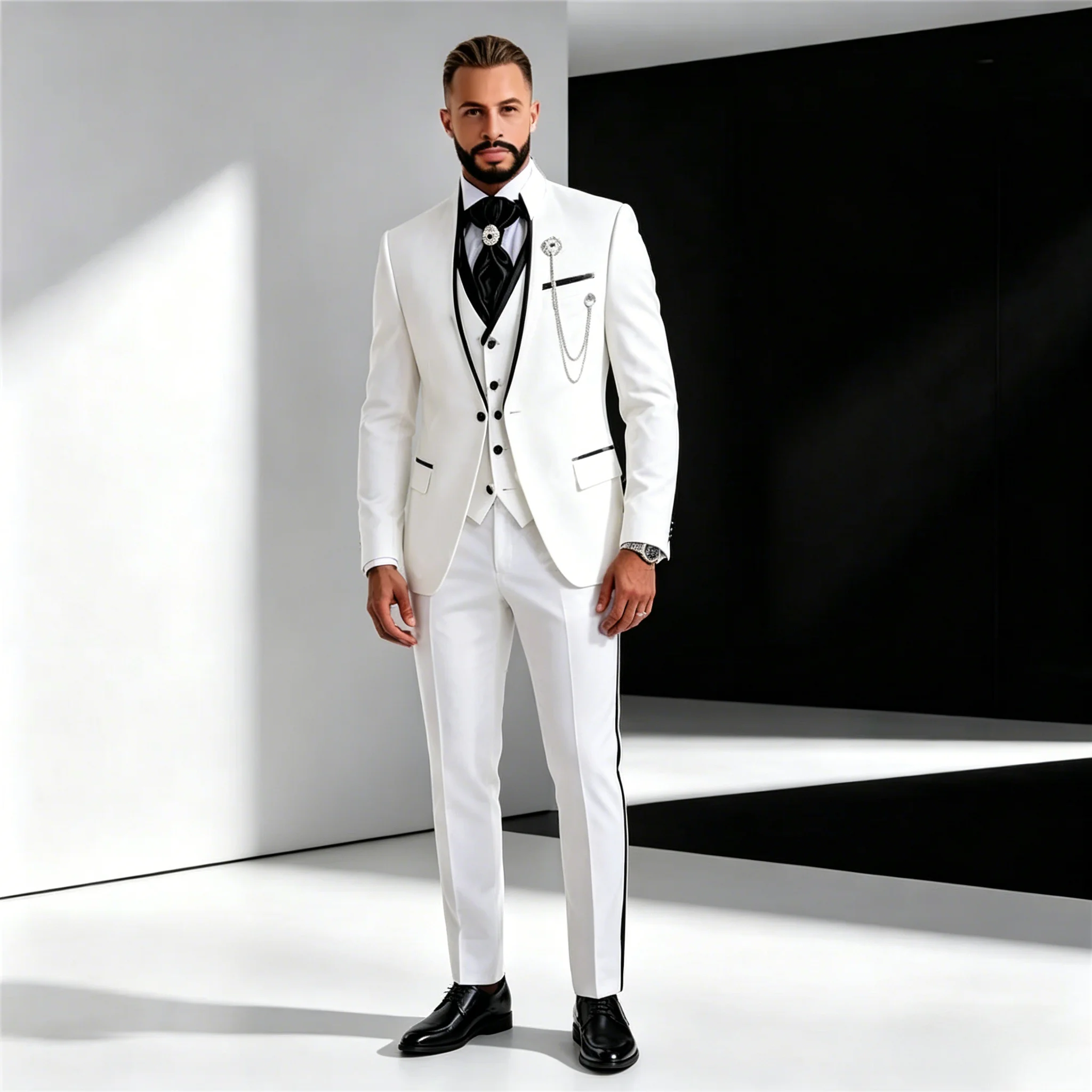 

Exquisite Men's Suits White Prom Party Blazers Stand CollarSingle Breasted Jacket Vest Pants 3 Pieces Sets Groom Wedding Tuxedo