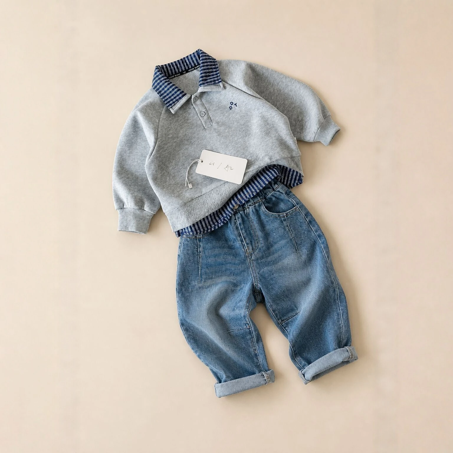 Boys Kids Autumn Sets 2026 New Fashion False Two-piece Grey Long Sleeve and Elastic Waist Loose Jeans
