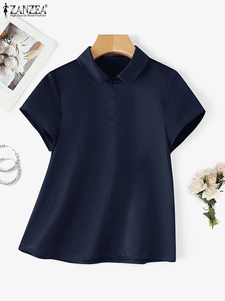 

ZANZEA Fashion Women Shirts Summer Satin Blouse Short Sleeve Tops Lapel Casual Solid Tunic Button Oversize Elegant Office Blusas