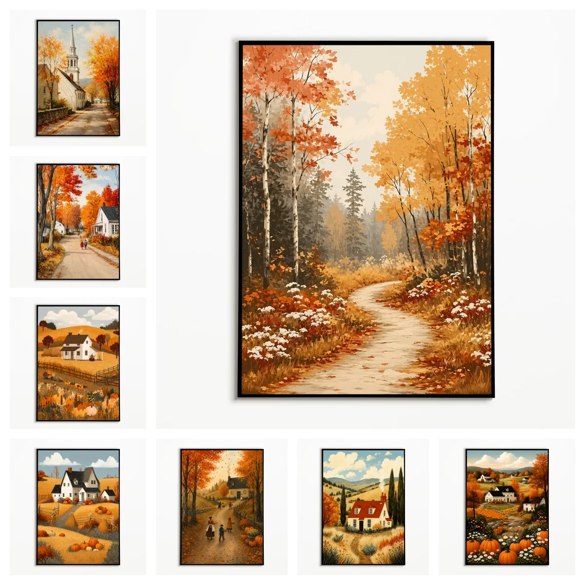 1PC Rural Autumn Pastoral Scenery Poster Vintage Pumpkin Birch Forest Wall Art Fall Thanksgiving Decor Frameless Canvas Print