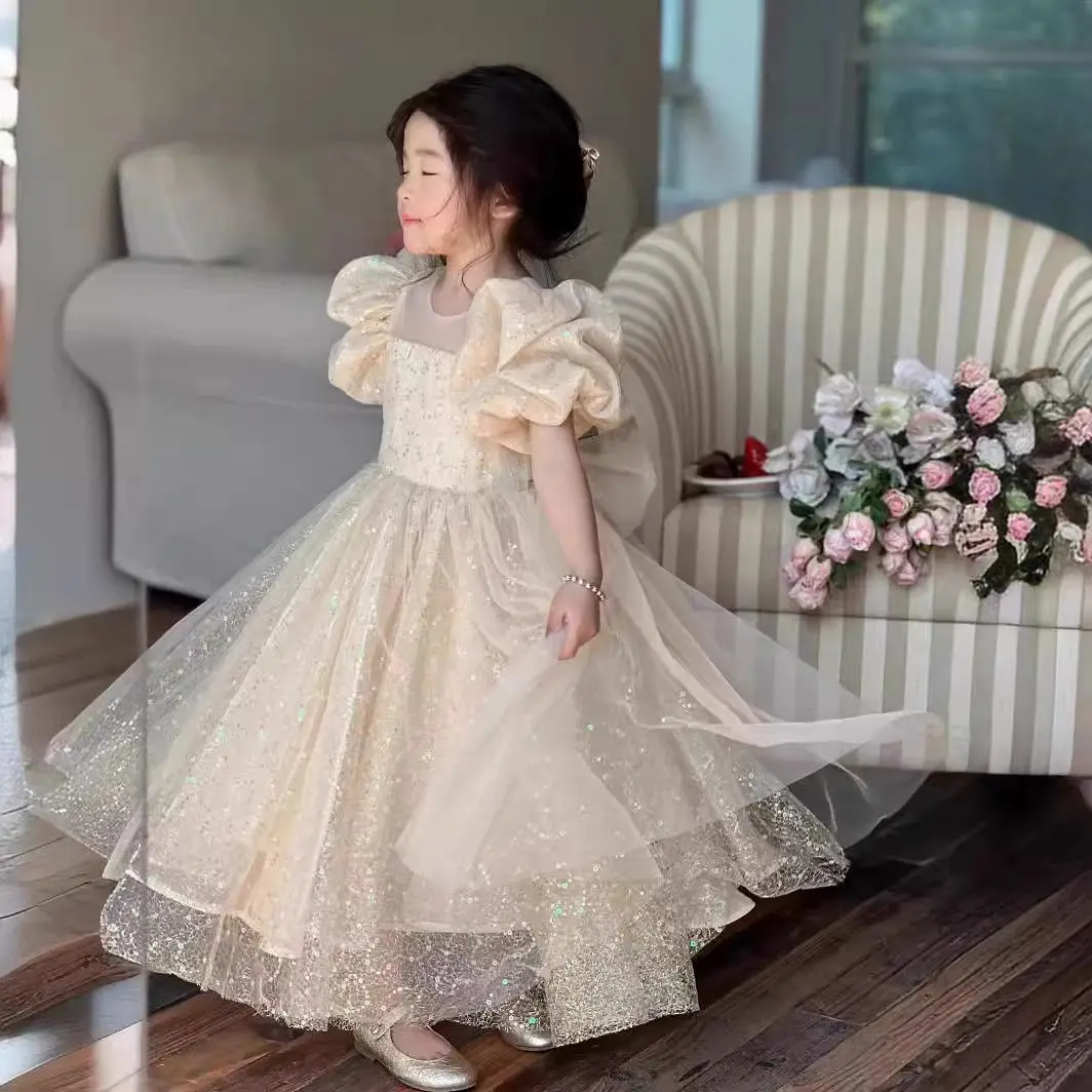New Style Girls Princess Long Dress Fashion Bow Puffy Sleeve Tutu High End Formal Party Gown Ball Children Cute Evening Dress