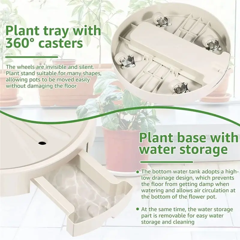 PZHI Movable Plant Holder Round Rolling Tray with Wheels, Heavy Duty Pot Stand with Water Storage, Plastic Plant Caddy