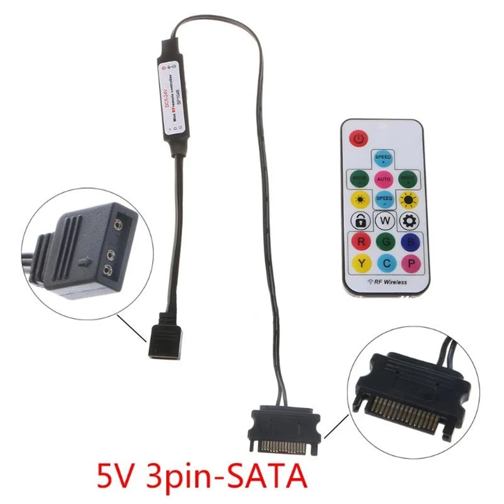 Controlador de luz de tira led 5v alimentado por bateria 2.4g rf acessórios de controle remoto sem fio 3 pinos para sata 4 pinos para caixa de computador
