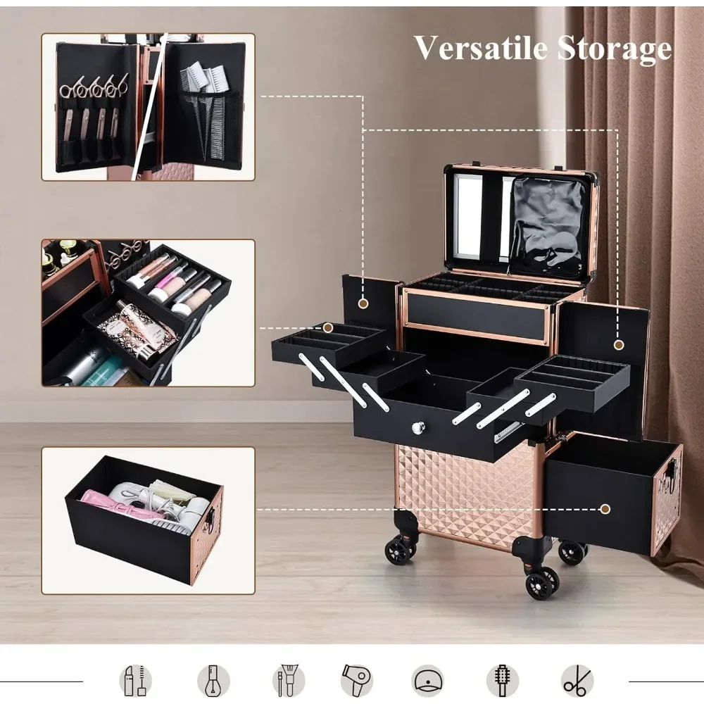 Professional Makeup Artist Rolling Train Case Multi-functional Cosmetic Train Case Large Trolley Storage Case for Nail