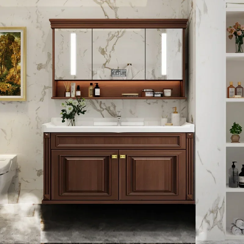 American smart bathroom cabinet wall-mounted solid wood bathroom hand wash basin cabinet mirror view 2