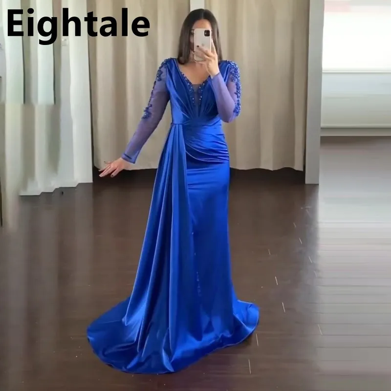 Customized Royal Blue Mermaid Evening Dress Wedding Party Long Sleeve Applique Bead V Neck Sexy Slit Prom Dress Party Gown