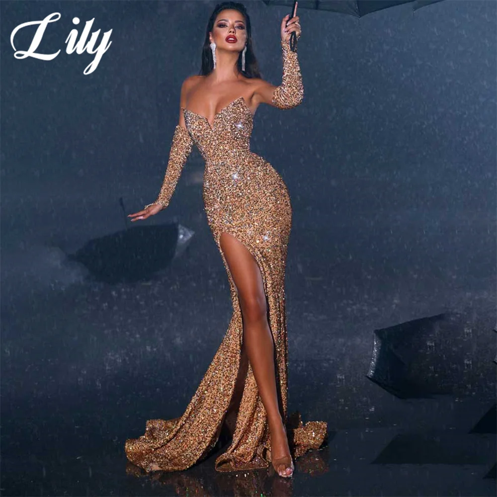 Lily Red Evening Gown Mermaid Sexy Sequined Prom Dresses Satin Pleat Sweetheart Side Split Wedding Evening Dress robes de soirée