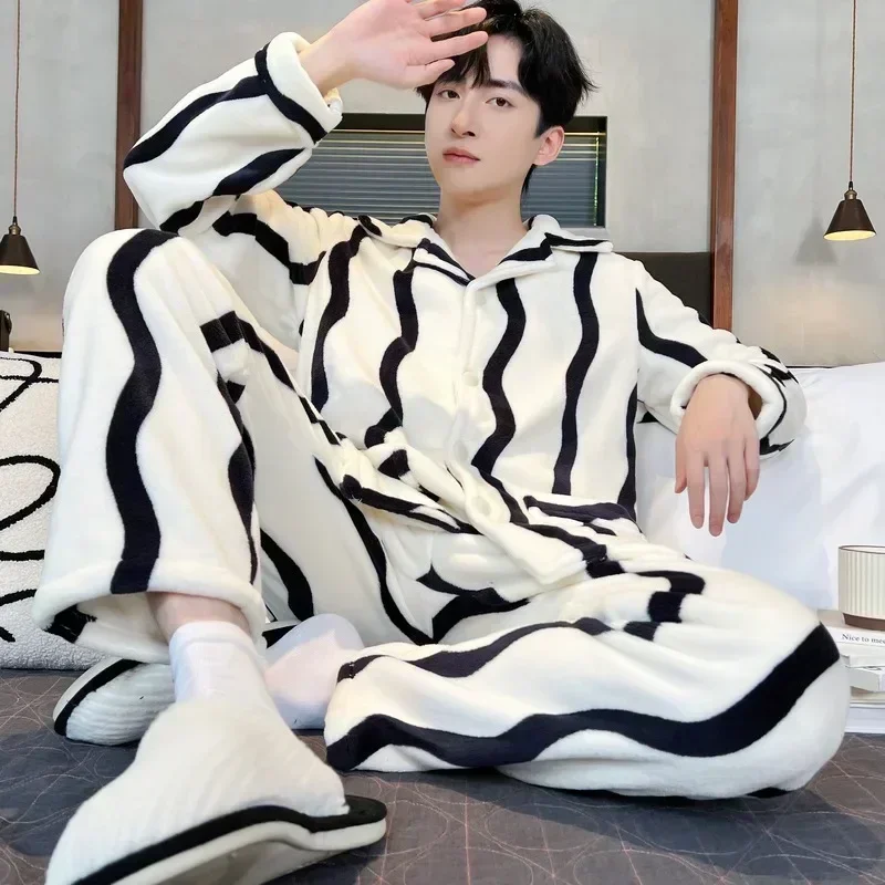 

2025 New Men Winter Warm Flannel Tops + Long Pants 2 Pieces Pajamas Sleepwear Lapel Coral Fleece Pajama Sets Button Homewear