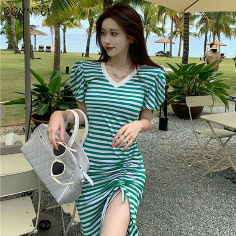 Midi Gestreiften Kleid Frauen Raffen Design Schlank Sommer V-ausschnitt Alle-spiel Täglichen Mode Klassische Chic Ulzzang Stil Vestido feminino