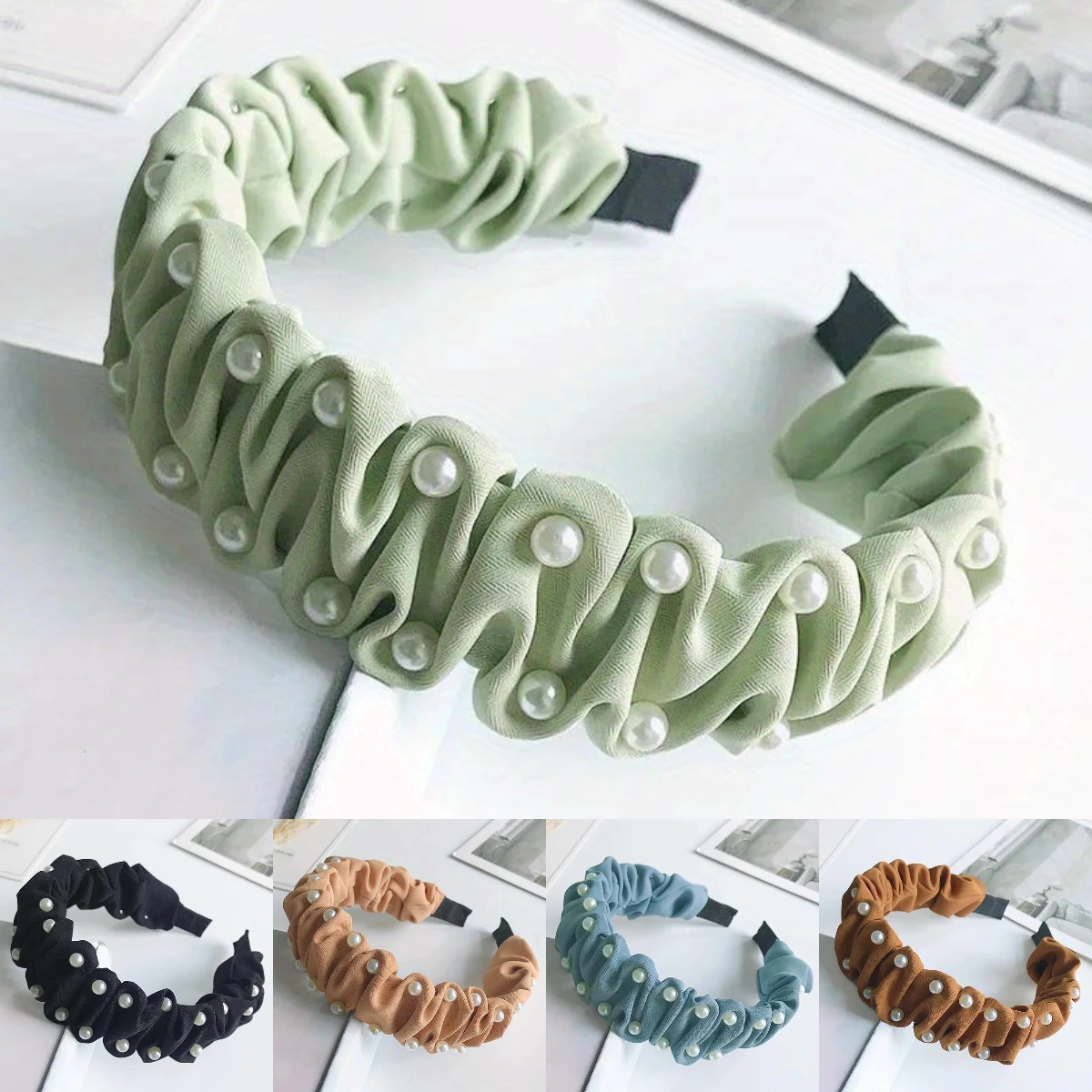 

Pleated Pearl Candy Color Fabric Fold Hairbands Retro Bezel Hair Hoops Ladies Hair Accessories Korean Headbands for Women Girls