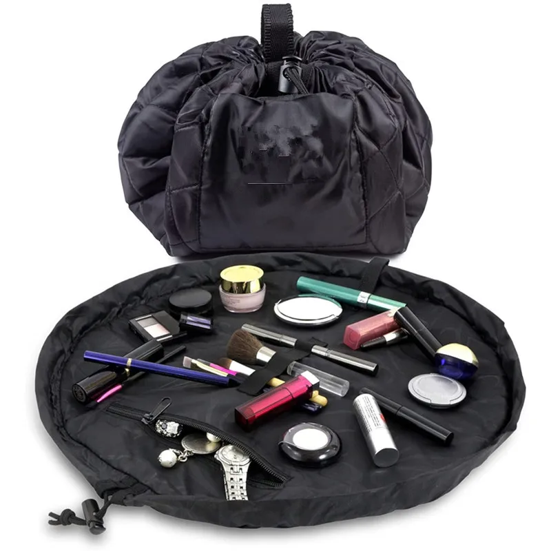 Barrel Drawstring Makeup Bag Large Cosmetic Bag Travel Toiletry Organizer for Women Make up Bags Girl Black