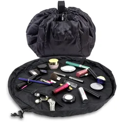 Borsa per il trucco con coulisse a botte borsa per cosmetici grande Organizer per articoli da toeletta da viaggio per le donne borse per il trucco ragazza nera