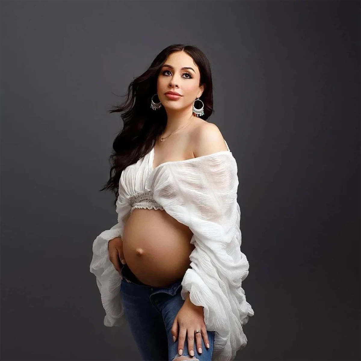 Maternity Sexy Drape Chiffon Blouse Elegant V-Neck Puff Long Sleeves Women Cropped Tops for Baby Shower Party Photoshoot