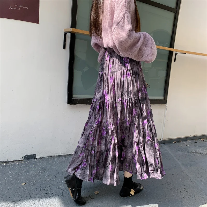 Retro Paarse Ombre Bloemen f Rok Dames Koreaanse Sle Hoge Taille Losse A-lijn Lange Rok Brede Zoom Midi Rok