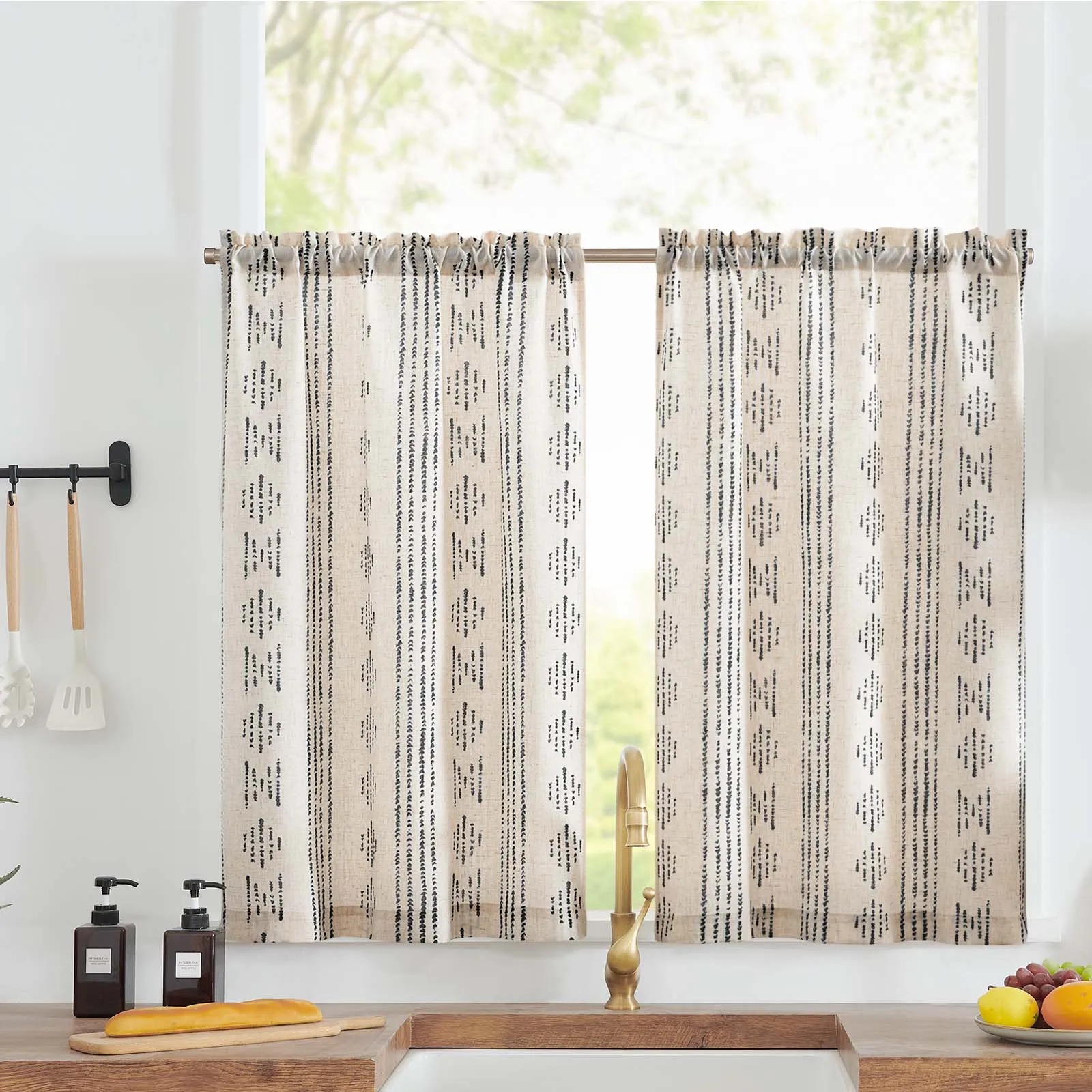 JINCHAN 2Panels Boho Kitchen Curtains Linen Tier Home Cover Curtain Geometeric Striped Small Window Drapes Light Filtering Cafe