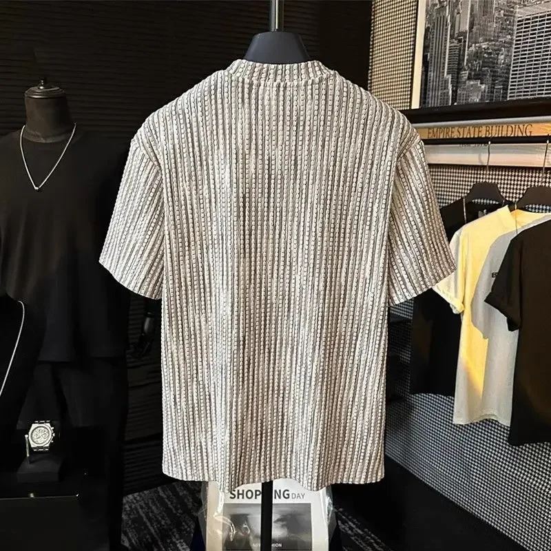 GELITAYIN New Summer Men's Short Sleeve Jacquard Texture Design Casual Rainbow Colour T-shirt Comfortable Round Neck Versatile T
