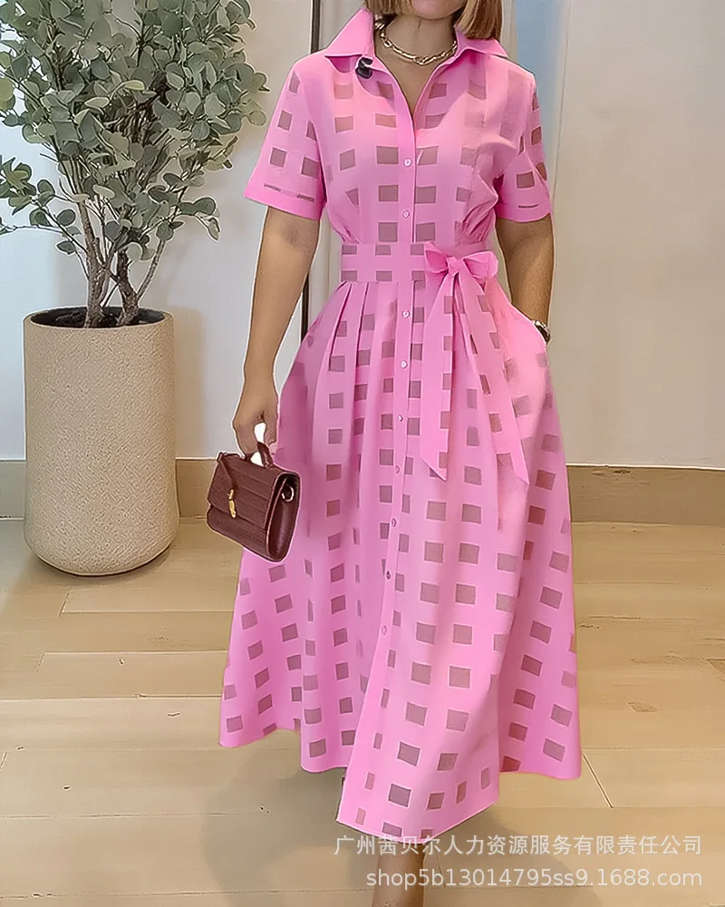 Women Dresses Plaid Dress Pleated Sheer Turn Down Collar Ankle Length Short Sleeves Cinched Waist Single Breasted 2025 Autumn