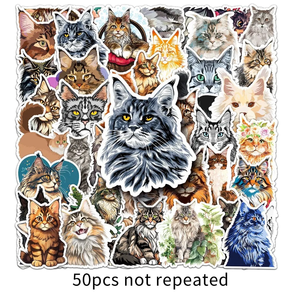 10/50pcs Kawaii Maine Coon Cat Funny Animal Meme Stickers Cute Decals Decoration DIY Skateboard Scrapbook Laptop Fridge Kids Toy