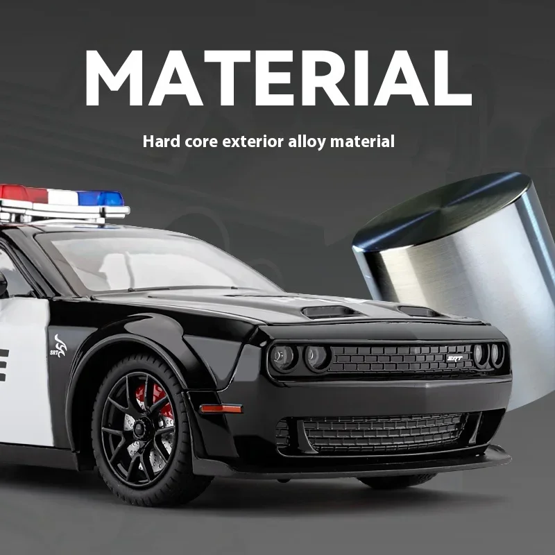 1:24 Dodge Challenger SRT Hellcat Police Car Model Toy Doors Opened Pull Back Light Music Miniature Vehicle Kids Boys Gift