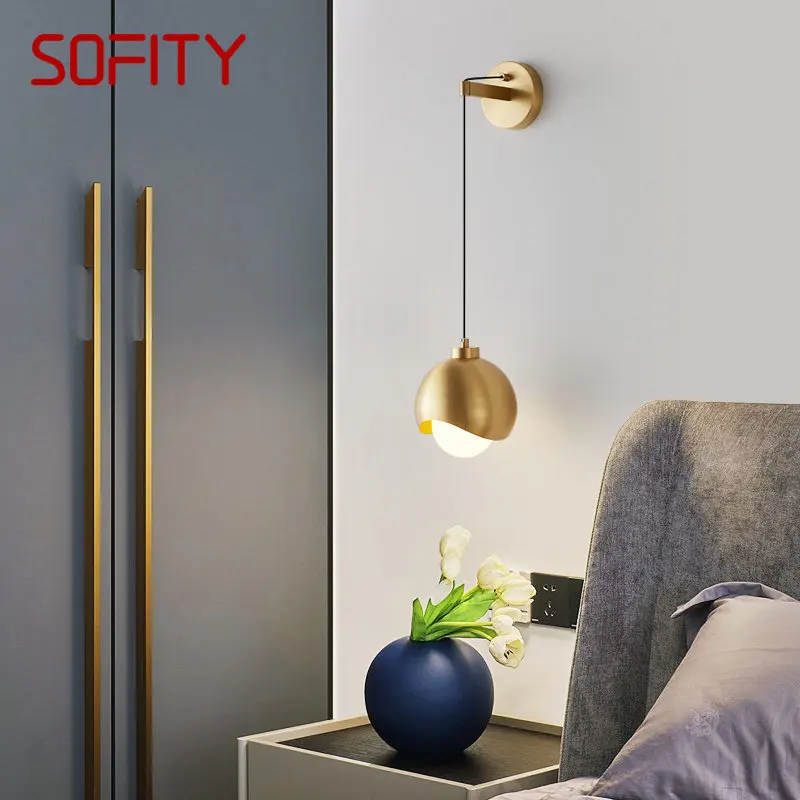 BERTH Contemporary LED Internal Wall Sconce Brass Creative Simplicity Gold Glass Bedside Lamp for Home Bedroom Decor