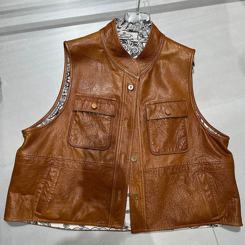 Neue Mode Frauen Natürliche Echte Schaffell Leder Weste Weibliche Echte Lammfell Weste Jacke Rundhals Streetwear