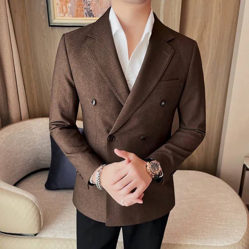 British Style Double Breasted Suit Jackets Men's New Solid Color Business Casual Blazer Male Trend Slim Social Party Dress Coats