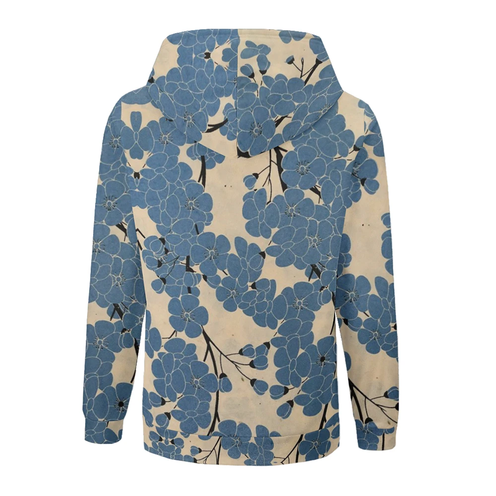 Women's Thick Hooded Jacket Sweatshirt, Blue Flowers Print Simple Pocket Zipper Coat for Winter and Autumn, Outdoor Warmth Black