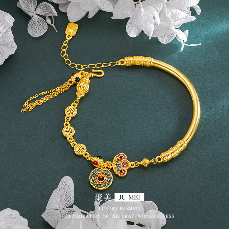 9999 24K Real Gold Treasure Flower Half Bracelet Bracelet Enamel Burning Blue Bracelet Accessories Retro Brand Pumpkin Jewelry