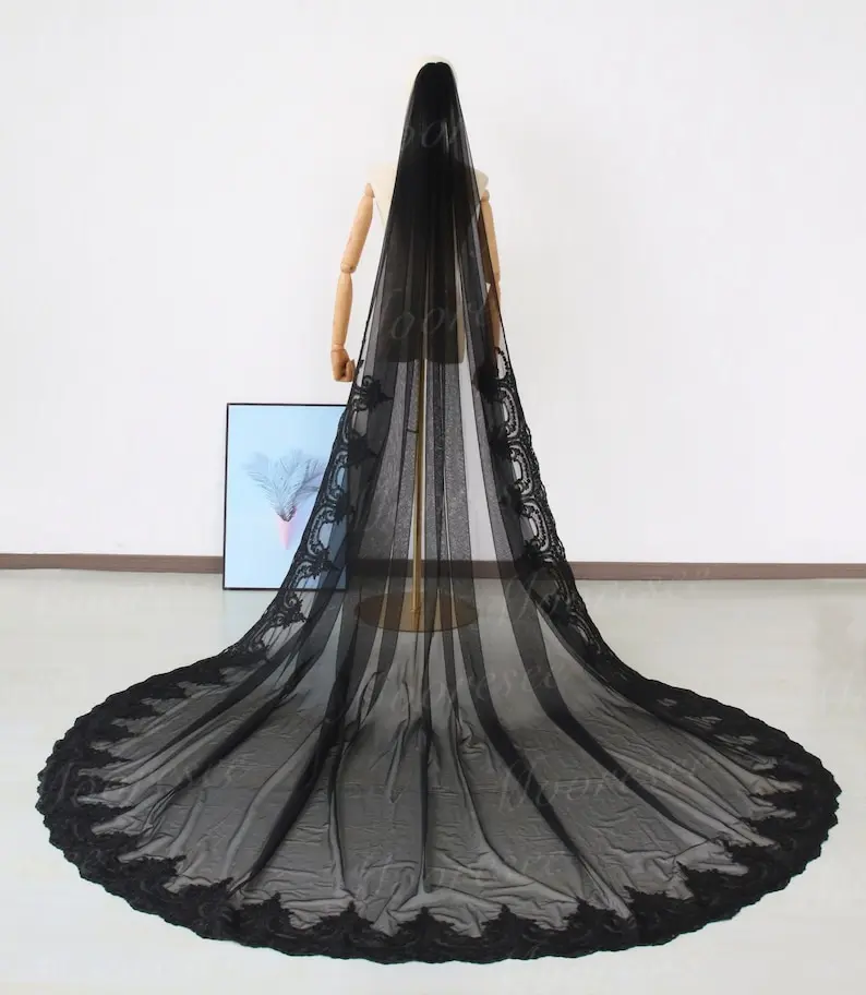 black-long-cathedral-bridal-veil-black-tulle-lace-wedding-veil