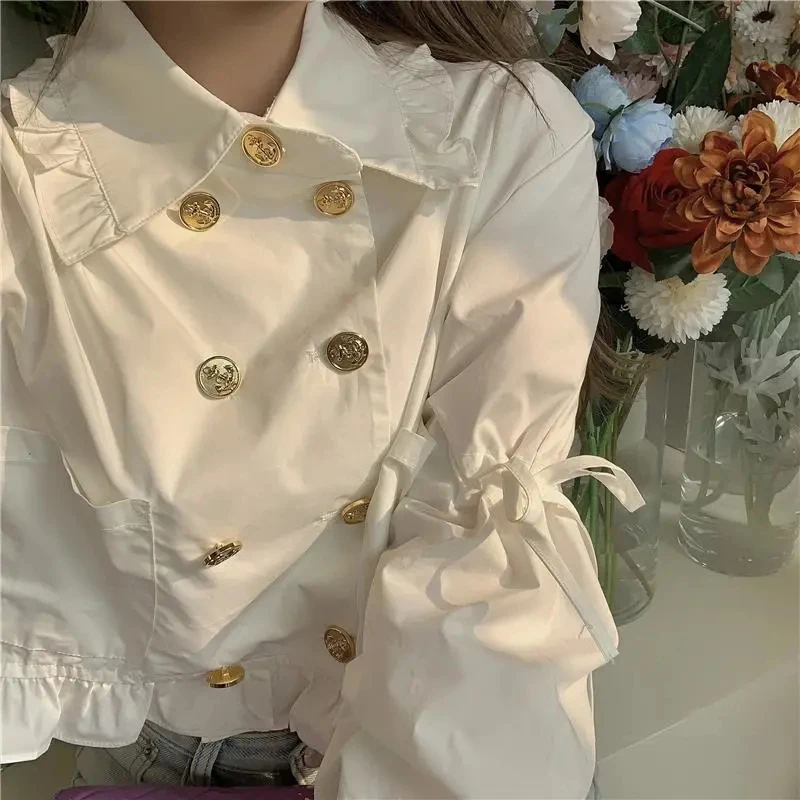 MEXZT Elegant White Shirts Women Korean Ruffles Bandage Crop Tops Vintage Sweet Flare Long Sleeve Double Breasted Slim Blouses