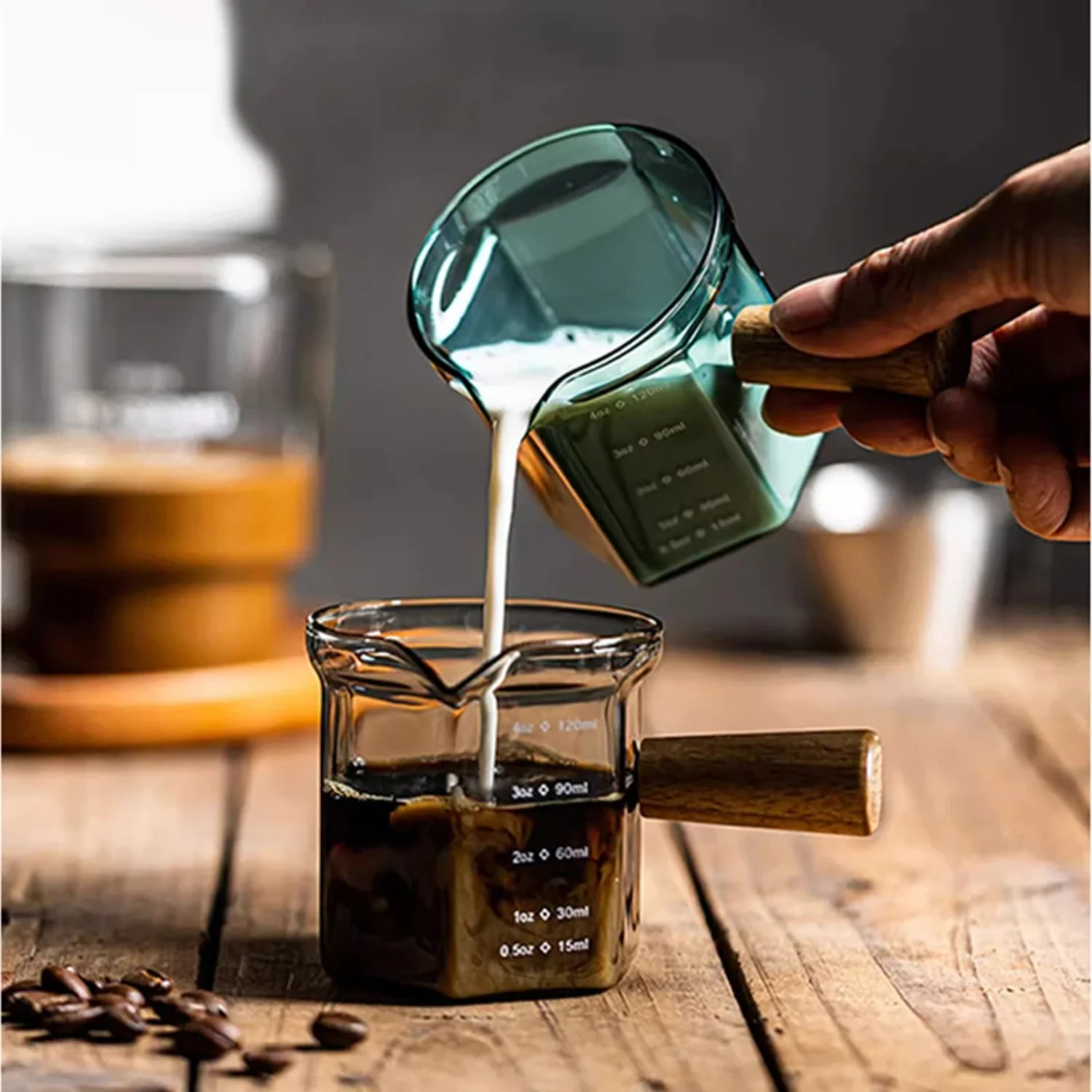 

120ml Hexagon Wood Handle Glass Espresso Measuring Cup Kitchen Single Mouth Milk Jug Coffee Supplies