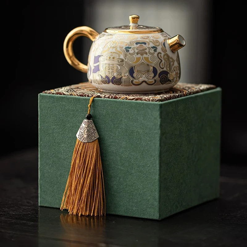 

Ceramic Vintage Teapot Dunhuang White Thangka Gilt Gold Silver Teapot Household Personal Special Kung Fu Tea Set Small Water Pot