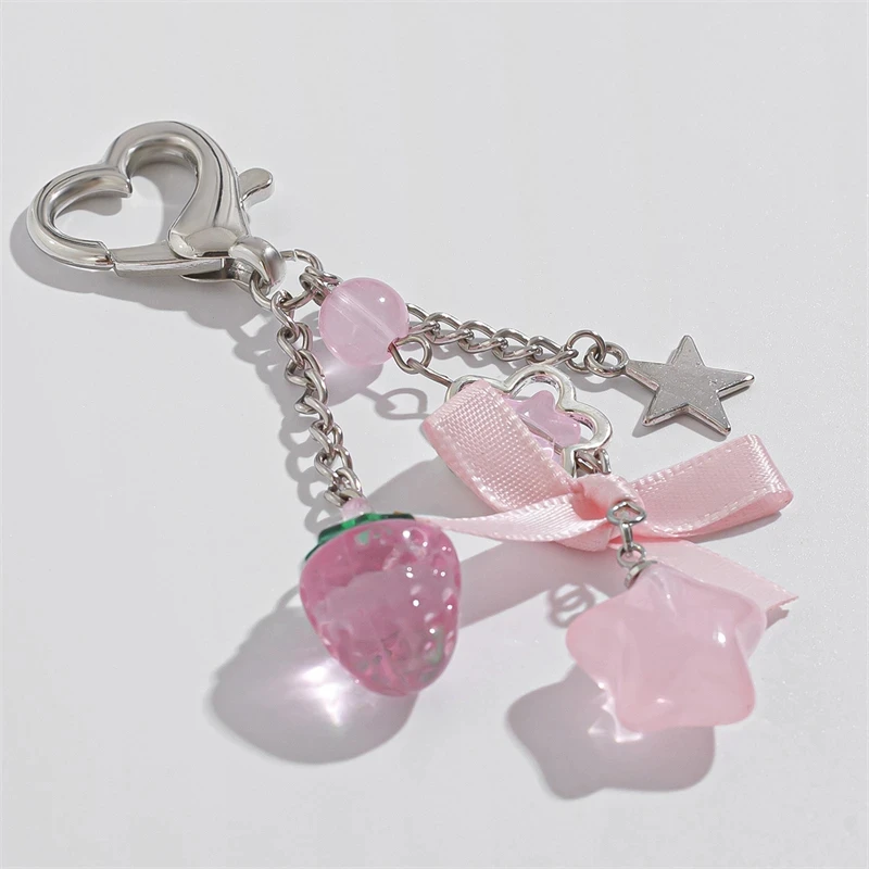 Cute Pink Strawberry Bow Keychain Y2k Fashion Star Flower Tassel Heart Key chain Phone Charm Pendant Beaded Chain for Women Girl