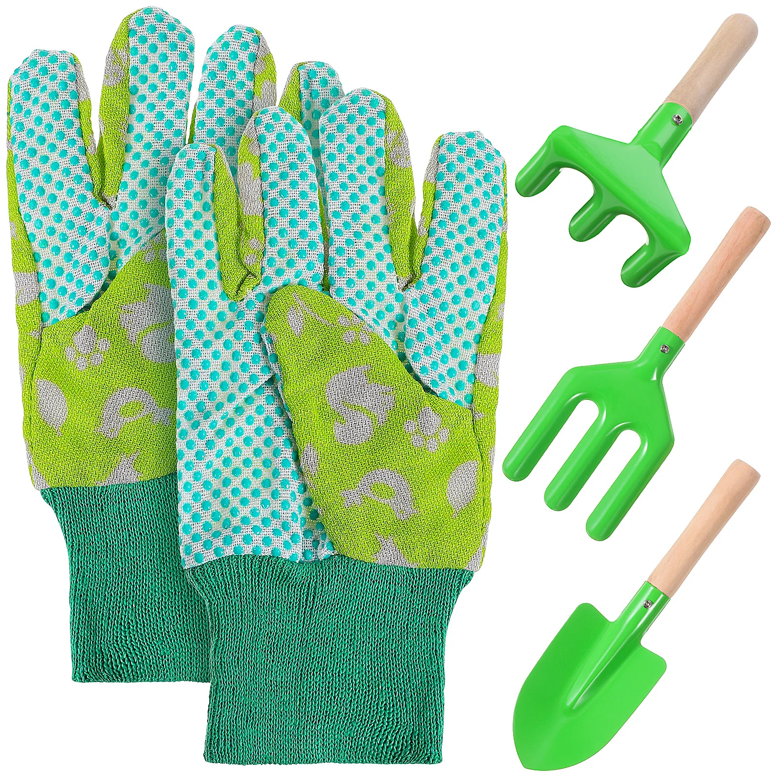 

4 Pcs Kids Gardening Tool Kit Green Shovel Fork Rake Gloves Safe Smooth Edges Bright Color Wooden Handle Outdoor Planting