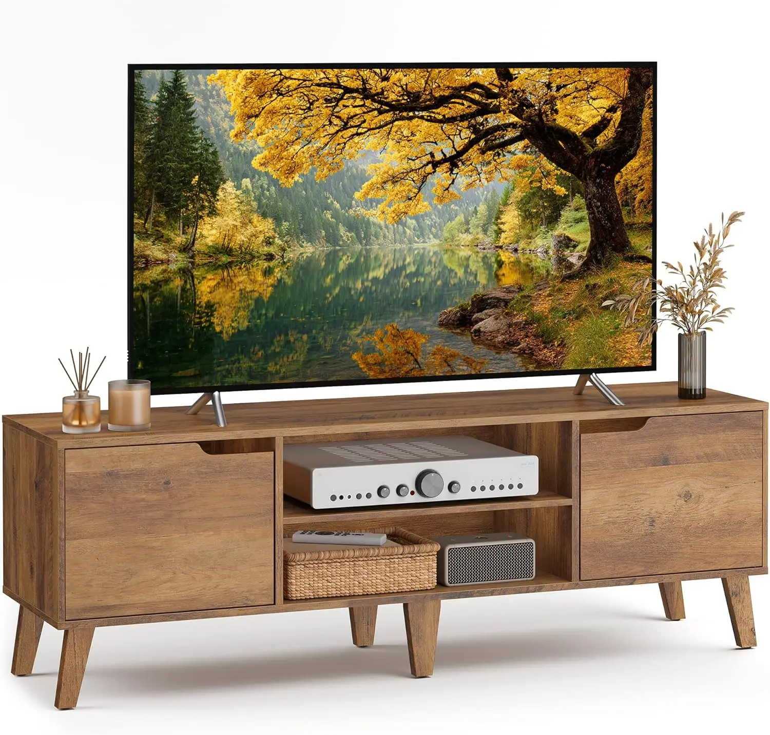 

58-Inch TV Stand for 65-Inch TVs, Adjustable Shelf Media Console, Transitional Style for Living Room, Honey Brown