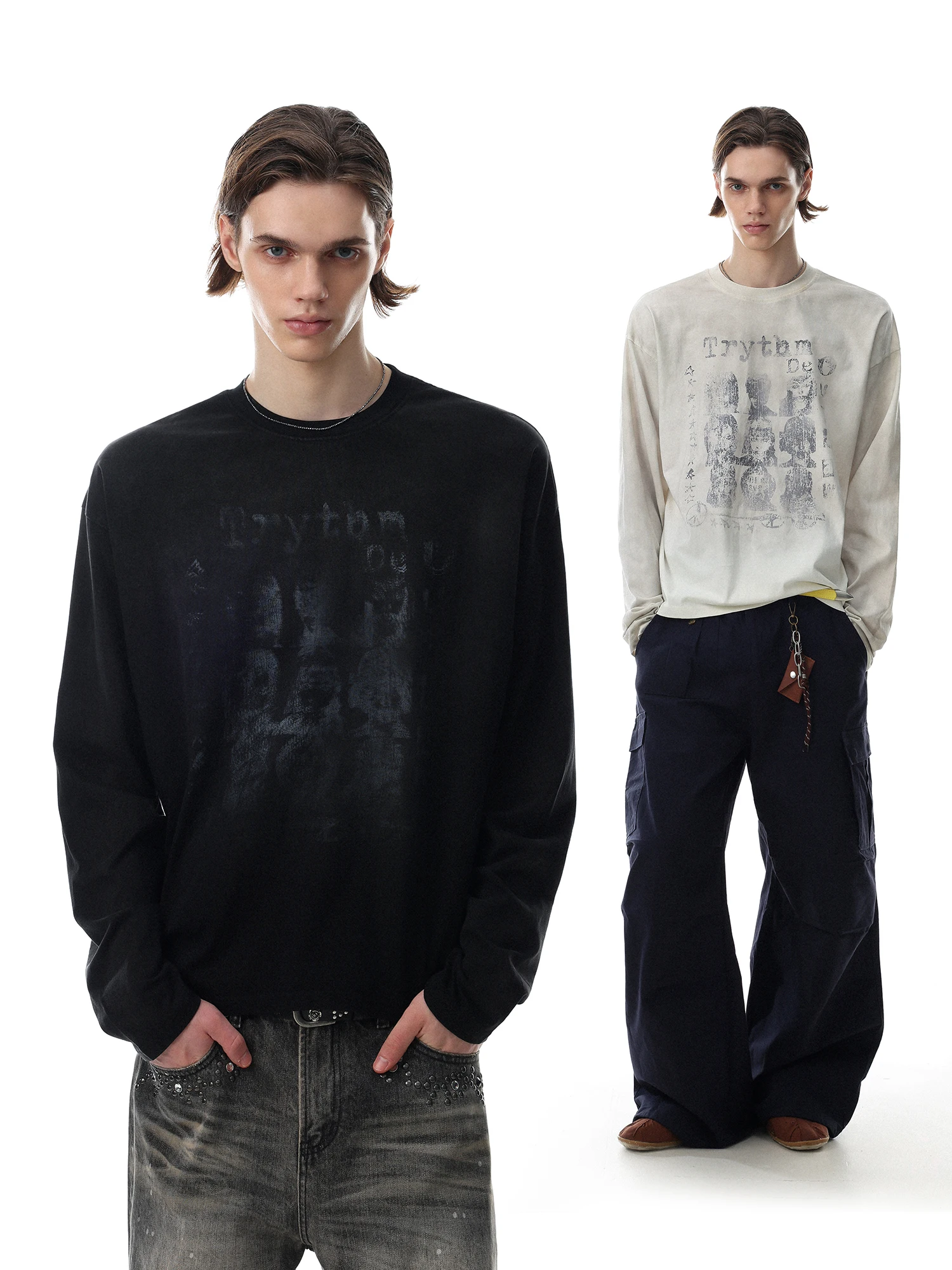 MRNEARLY American Street Style Retro Portrait Print Long Sleeve Loose Men's T-shirt Couple's Base Shirt for Autumn Cotton rou...